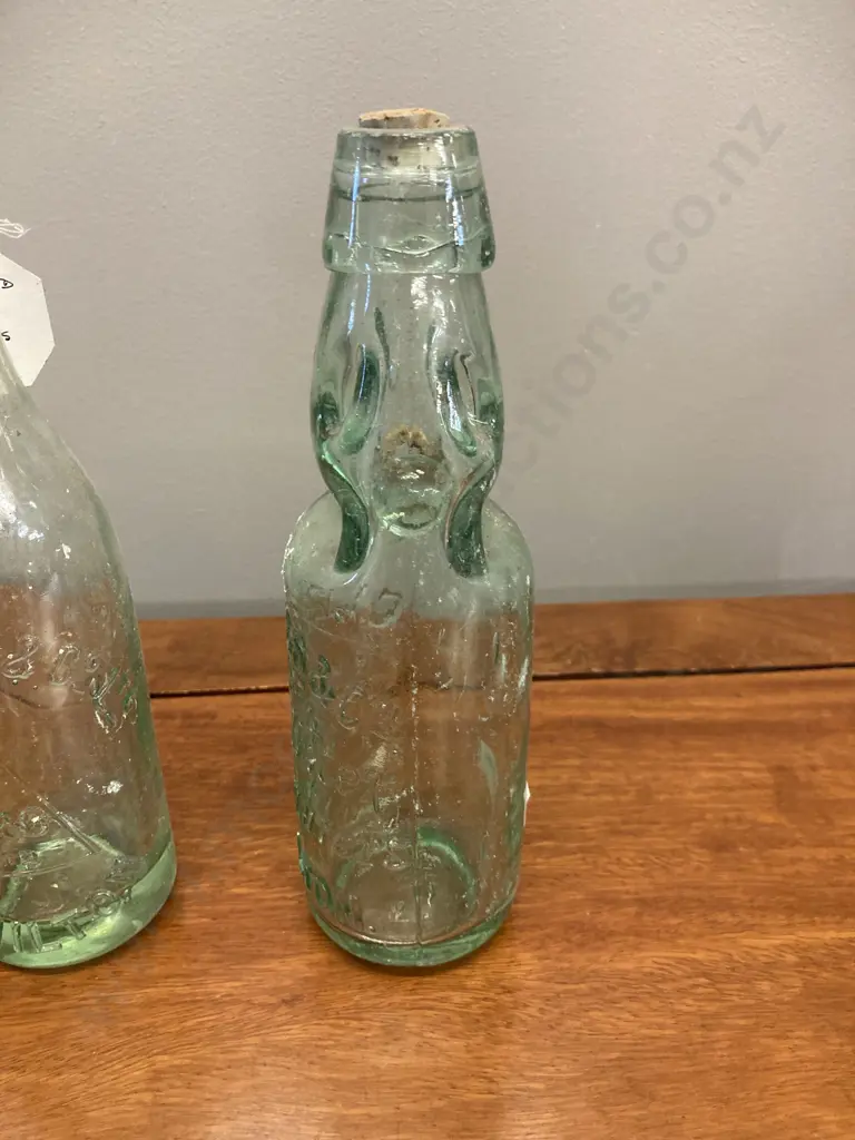 C.L. Innes & Co. Hamilton Bottles  x 2 - Codd Bottle, Stylised Logo & 6348 On Base &1913 Embossed Aqua Glass Bottle Image 1++